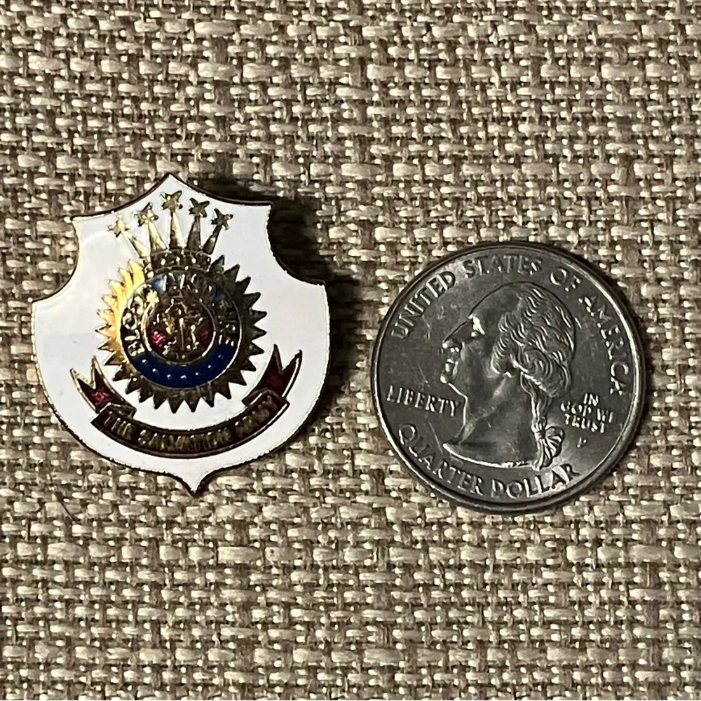 Vintage White Enamel Salvation Army Blood and Fire Pin Pinback Brooch Badge